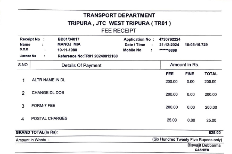 Tripura DL Change Fee Receipt | PDF