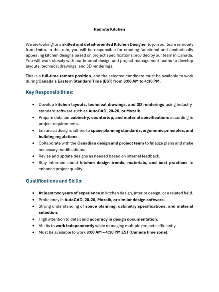 Remote Kitchen Designer Job India | PDF