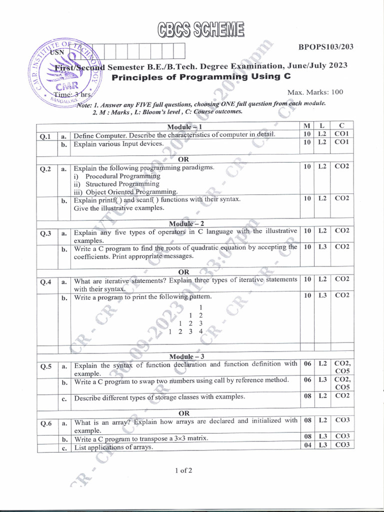 VTU Question Paper of BPOPS103 - BPOPS203 Principles of Programming ...