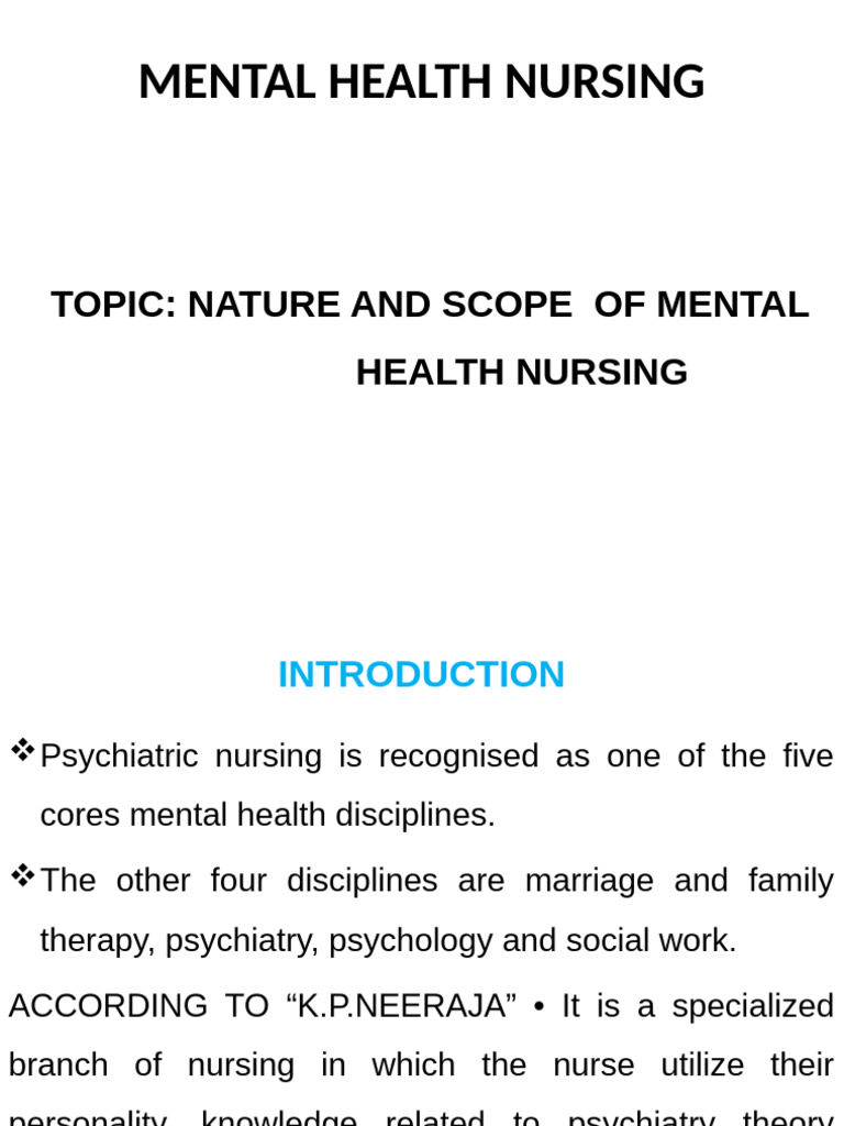 Nature and Scope of Mental Health Nursing | PDF | Psychiatry | Mental ...