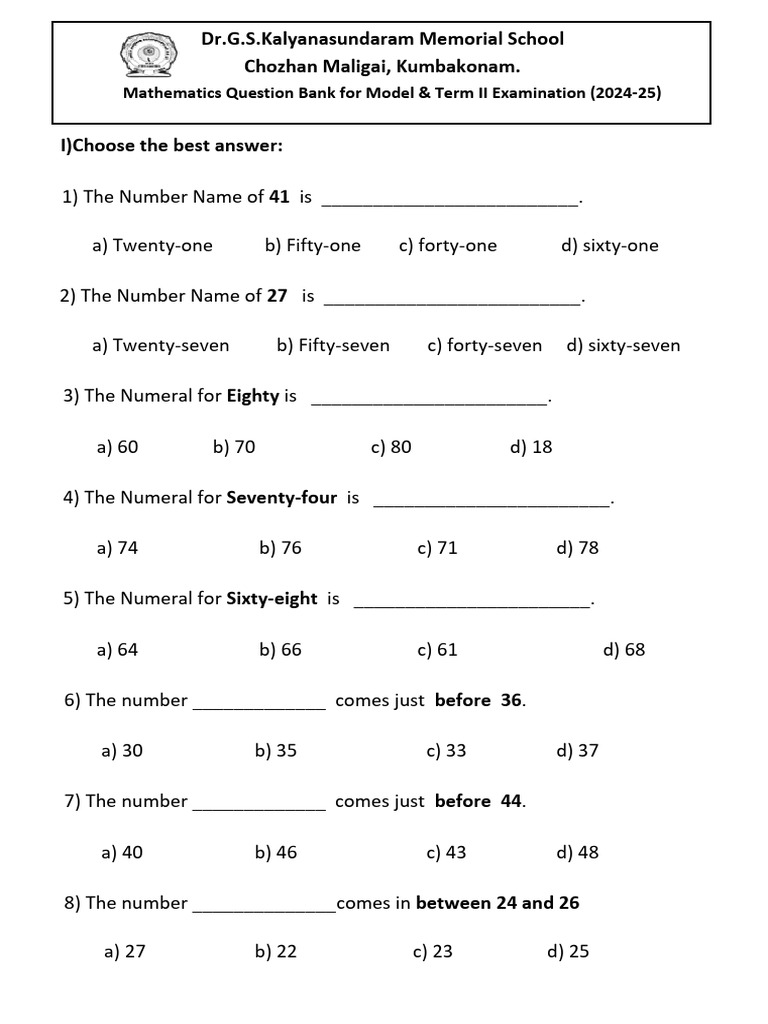Class 1 Maths Question Bank 2024-25 | PDF | Weighing Scale