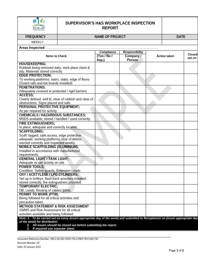 Weekly H&S Workplace Inspection Report | PDF | Housekeeping | Safety