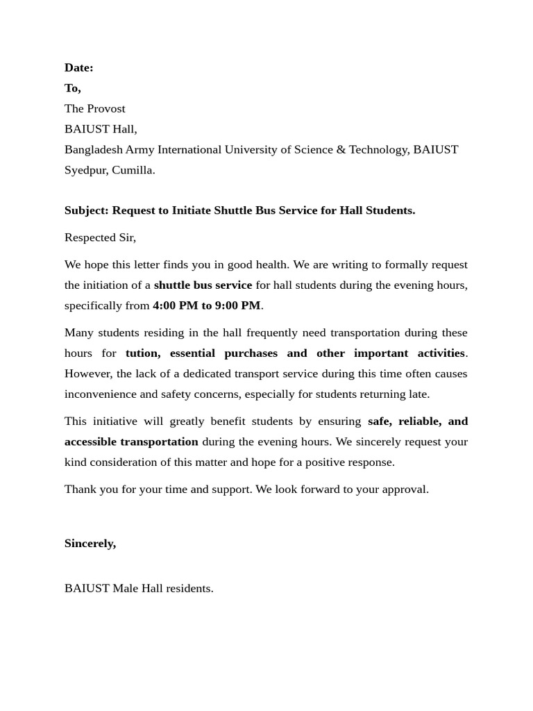 Shuttle Bus & Common Room Request BAIUST | PDF