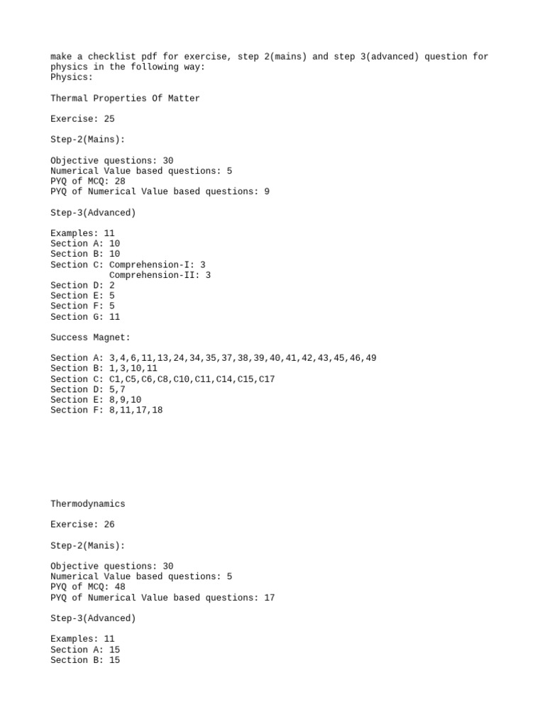 Physics Exercise Checklist PDF | PDF