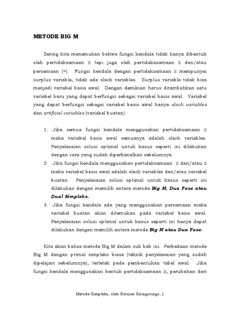 Metode Big M Dua Fase Dan Dual Simpleks