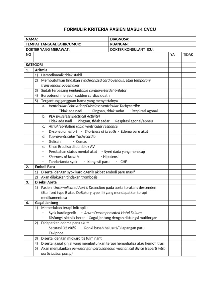 Kriteria Pasien Masuk CVCU | PDF
