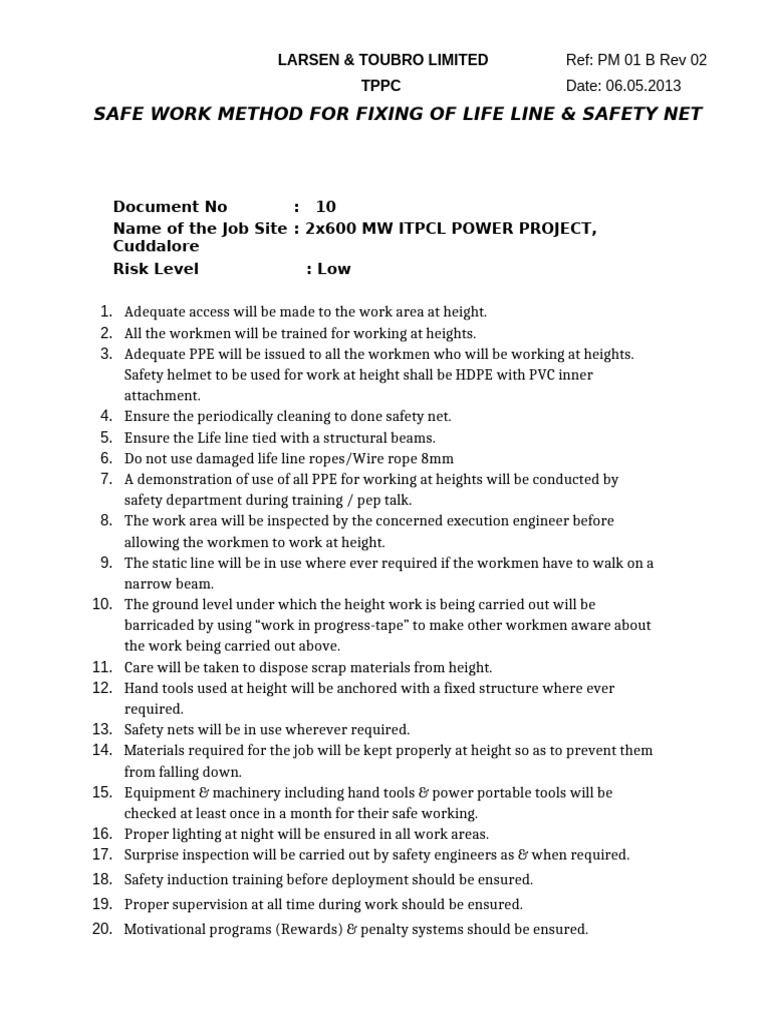 Safe Work Method: Lifeline & Safety Net | PDF | Safety