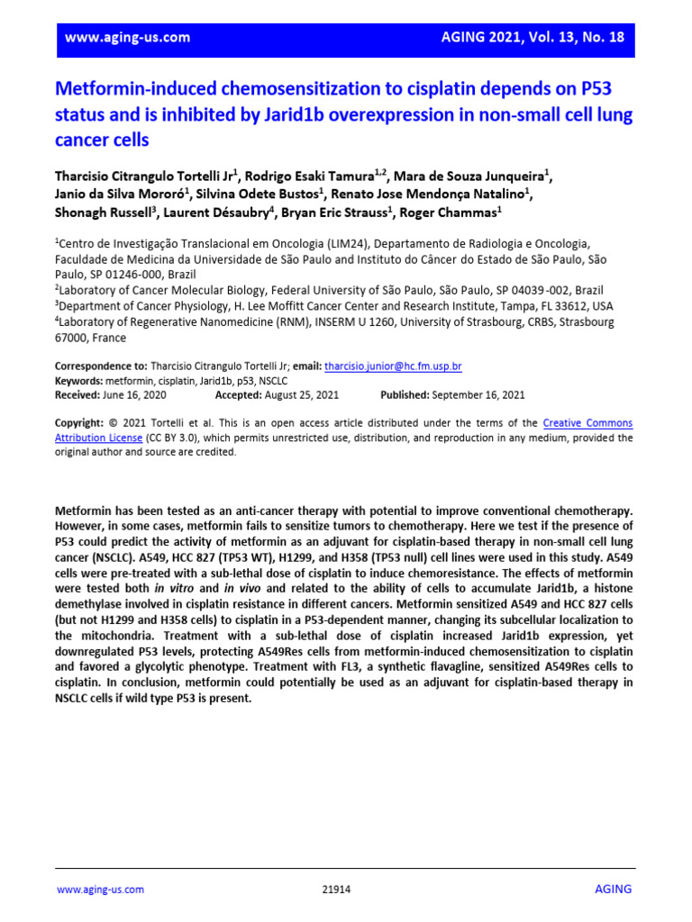 Metformin Enhances Cisplatin Efficacy in NSCLC | PDF | Apoptosis | P53