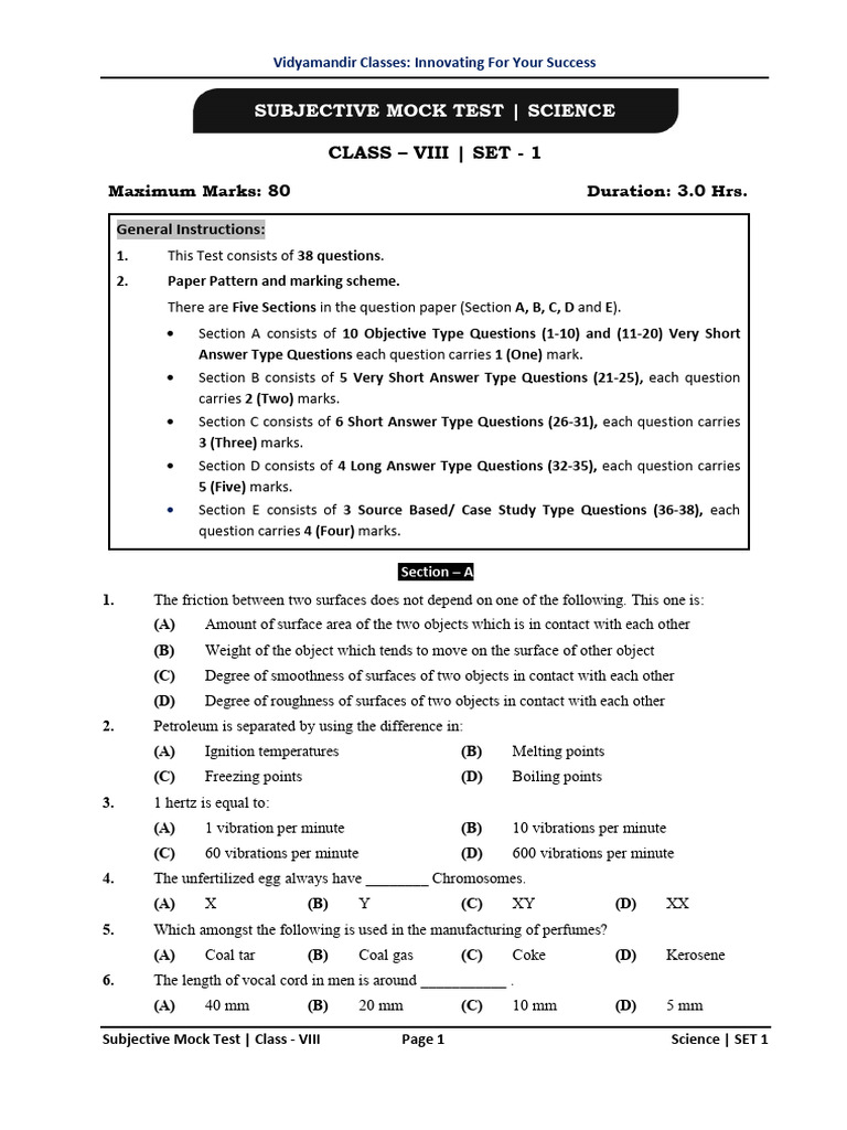 Subjective Mock Test - Science: Maximum Marks: 80 Duration: 3.0 Hrs ...