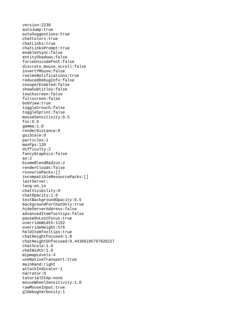 Minecraft Game Settings Configuration | PDF