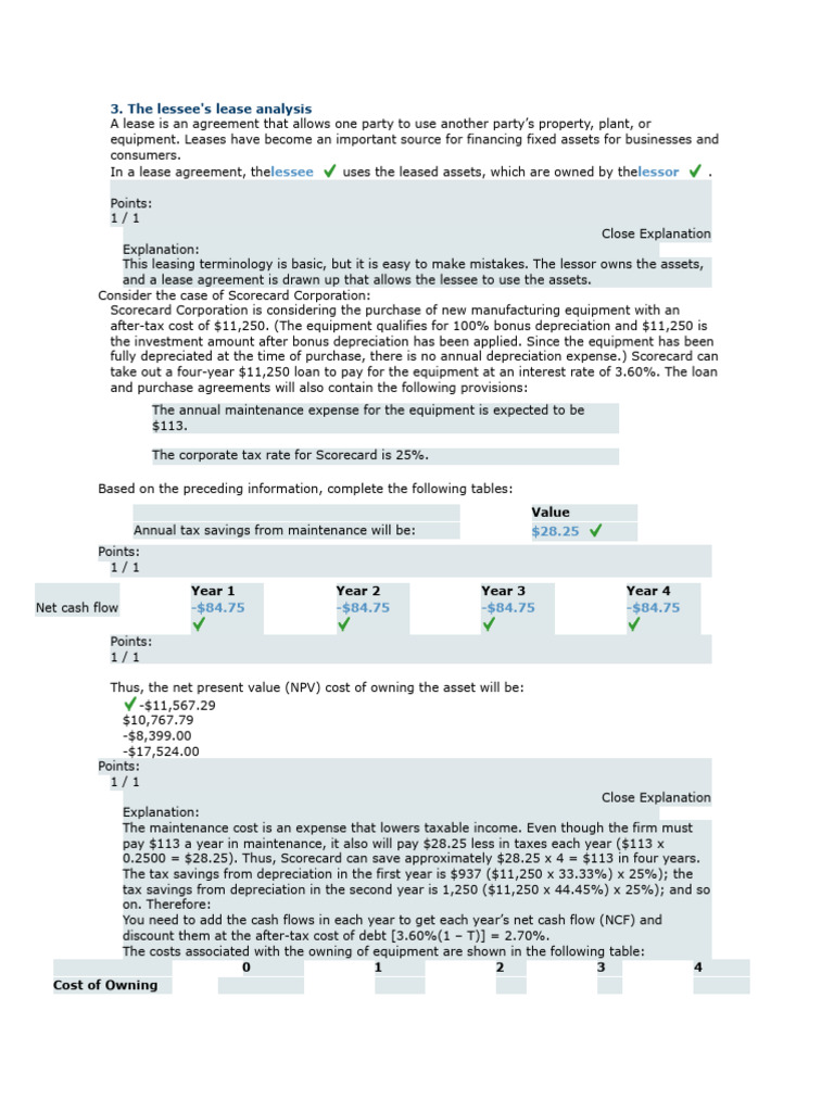 The Lessee's Lease Analysis | PDF | Net Present Value | Depreciation