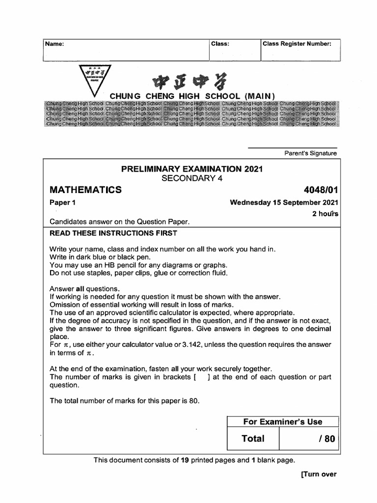 E-Math - Sec 4 Prelims Exam Paper - 2021 - Chung Cheng High Main | PDF