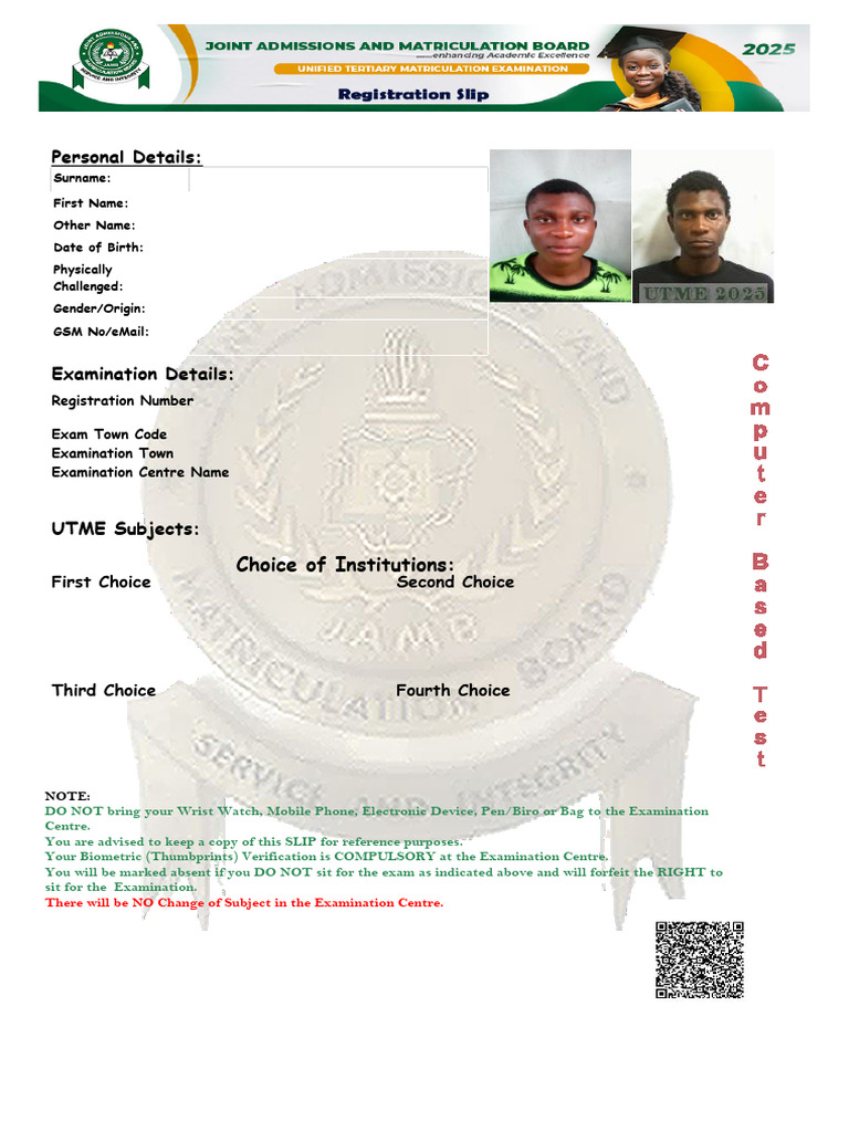 UTME Exam Registration Details for 2025 | PDF