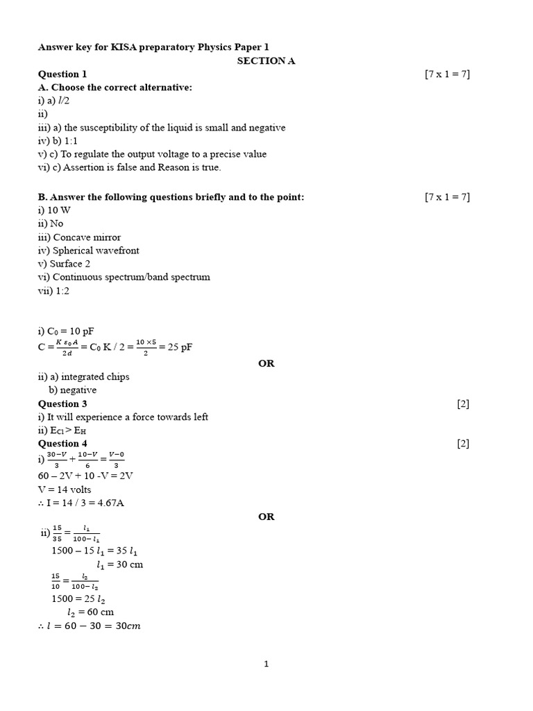 KISA Physics Paper 1 Answer Key | PDF | Electricity | Electromagnetic ...