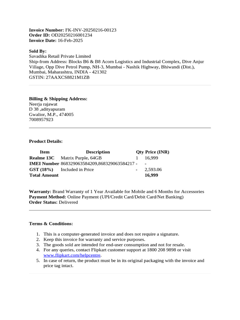 Invoice for Realme 13C Purchase | PDF