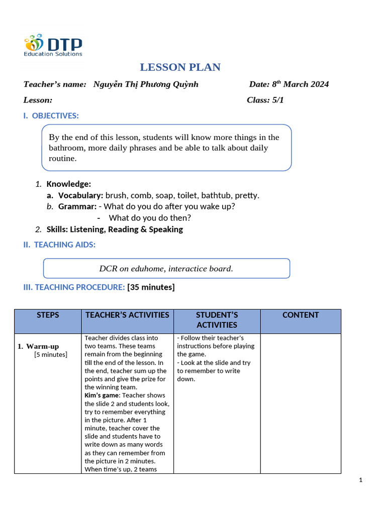 LESSON PLAN - Nguyen Thi Phuong Quynh - LLQ | PDF | Cognitive Science ...