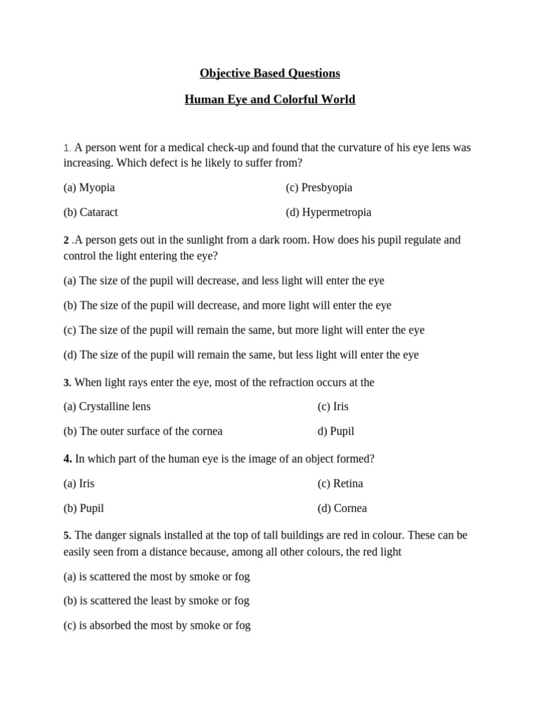 Human Eye and Light Phenomena Quiz | PDF | Human Eye | Refraction