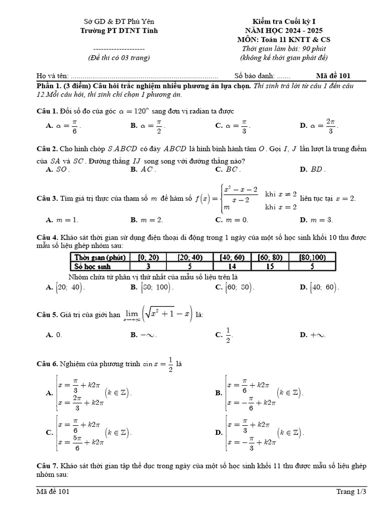 De Cuoi Ky 1 Toan 11 Nam 2024 2025 Truong PT DTNT Tinh Phu Yen | PDF