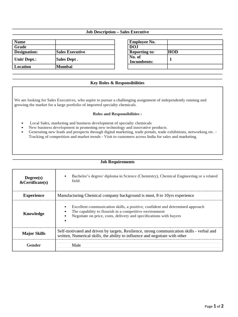 Sales Executive - Job Description (F) | PDF