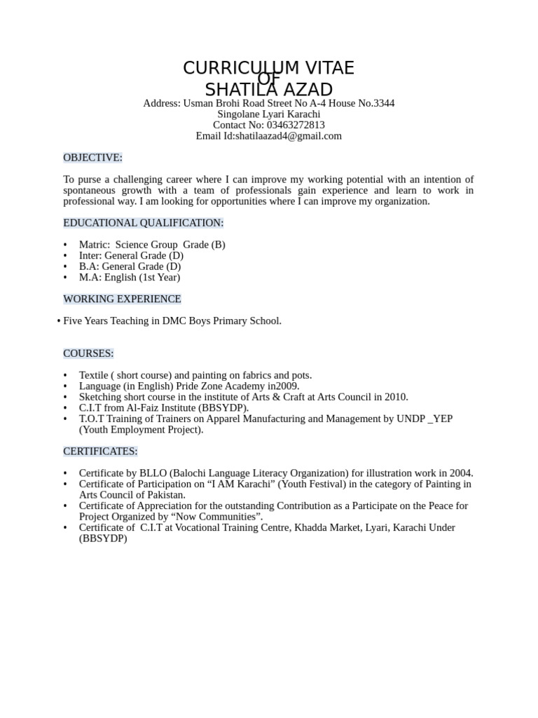 Shatila Azad's Professional CV | PDF