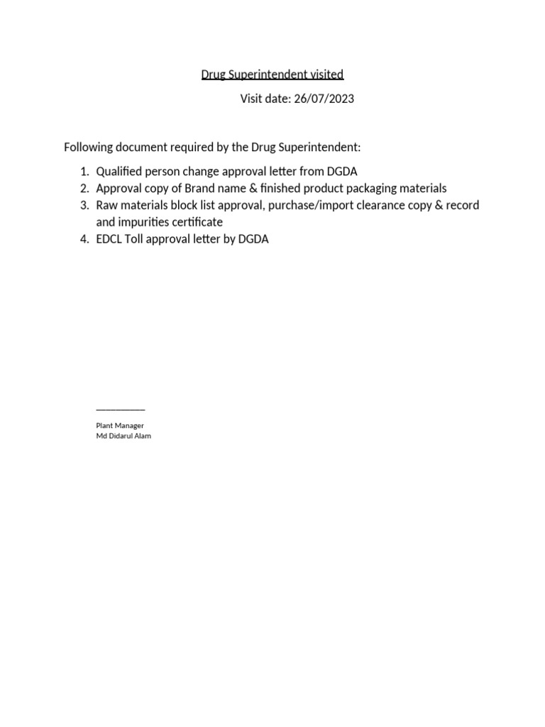 Drug Superintendent Visit Requirements | PDF