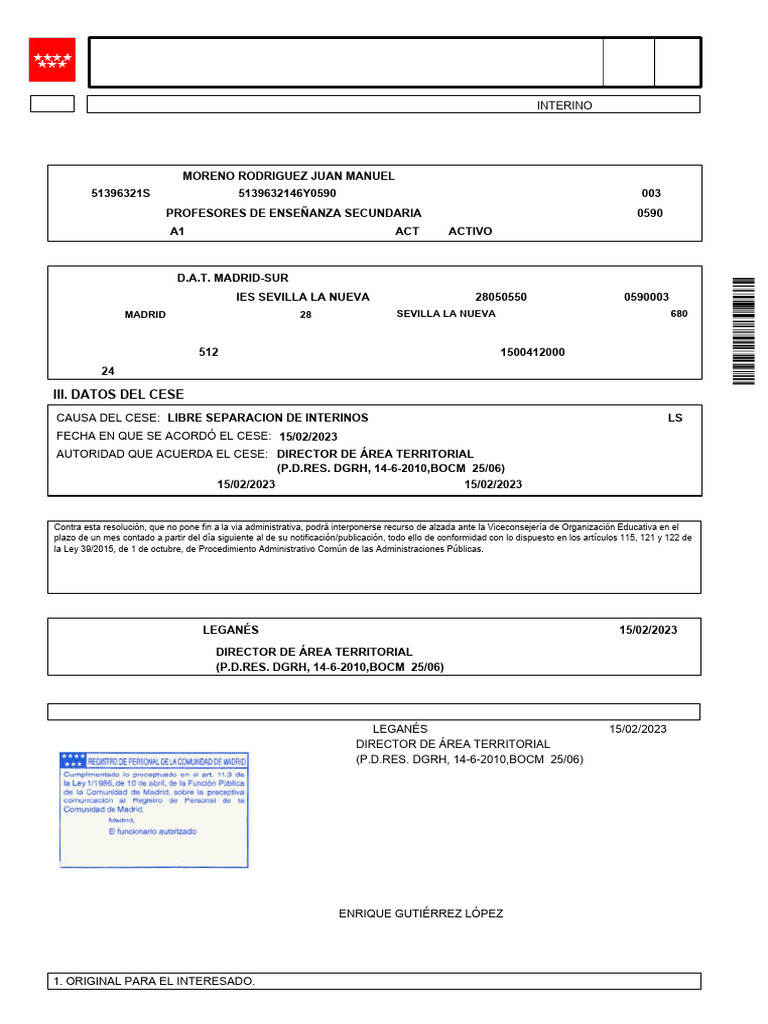 Cese de Funcionario en Educación Madrid | PDF | Gobierno