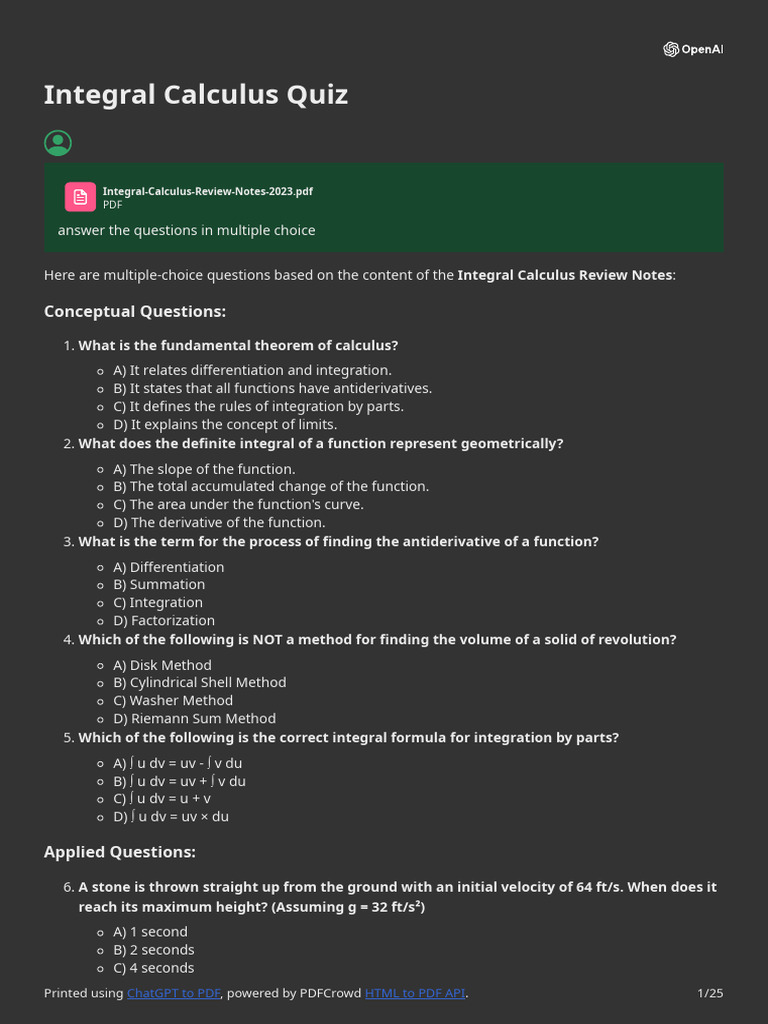 Integral Calculus Quiz Questions & Answers | PDF | Integral | Calculus