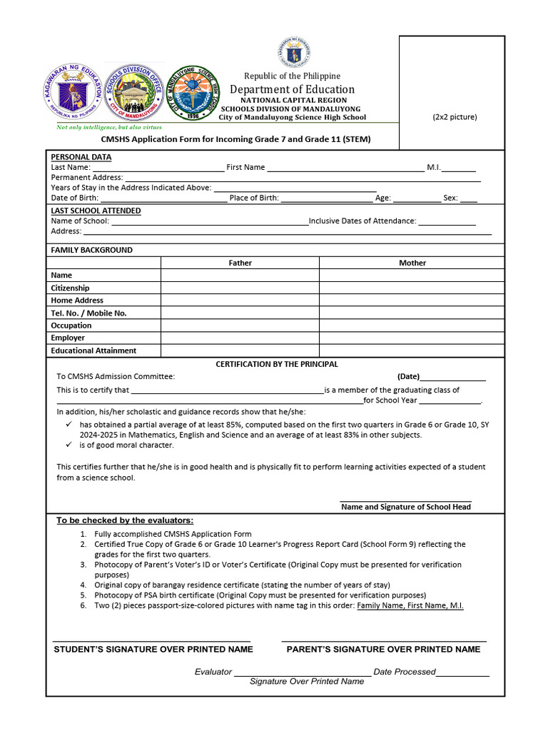 CMSHS Application Form for SY 2025-2026 | PDF | Signature