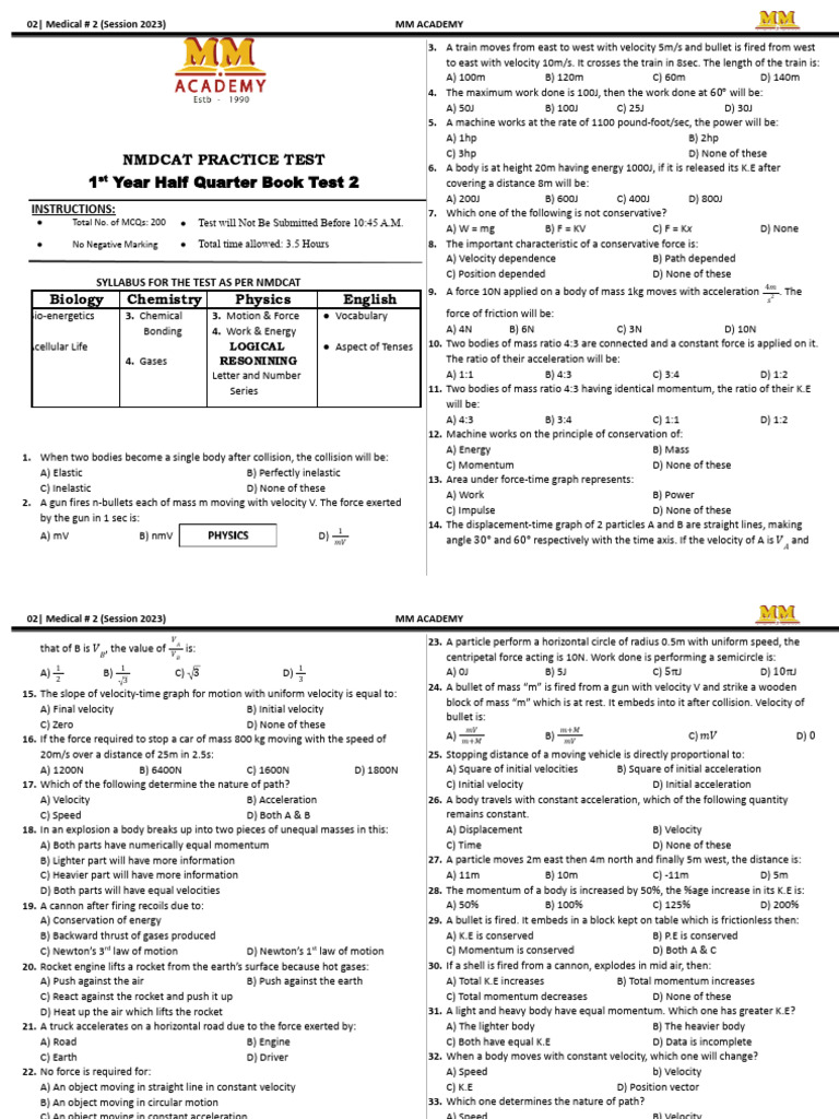 MM ACADEMY SUNDAY TEST 5TH MARCH 2023 - Mdcat Aspire Avenue. | PDF ...