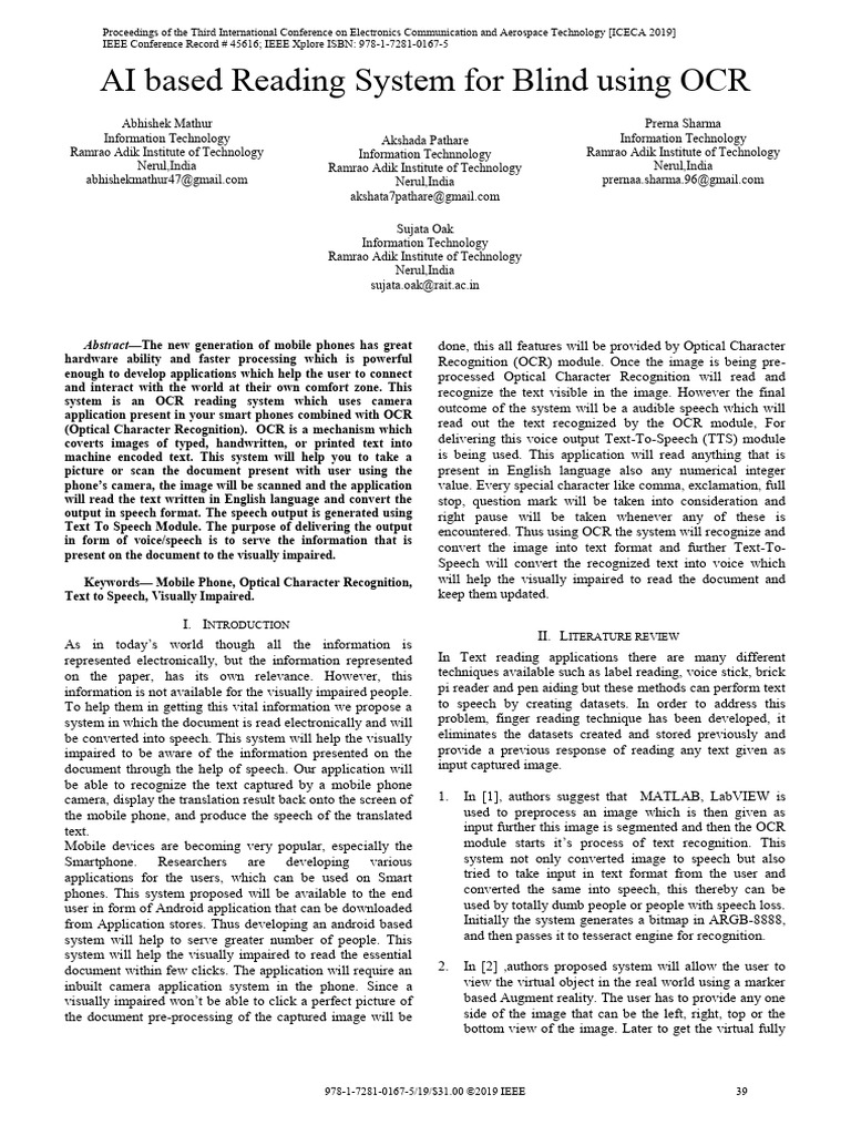 AI Reading System for the Visually Impaired | PDF | Optical Character ...
