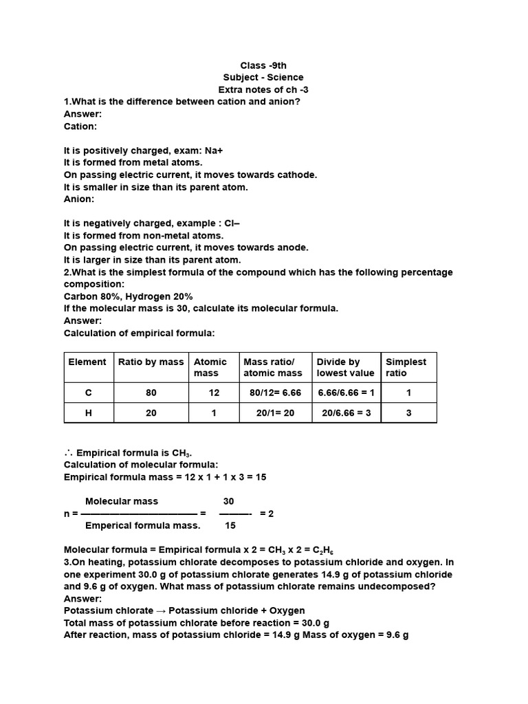 9th Sci Extra Notes CH - 3 | PDF | Mole (Unit) | Ion
