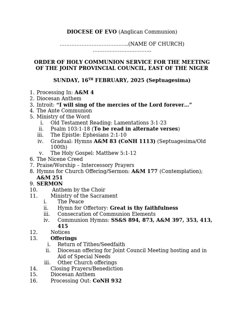 Holy Communion Service Agenda 2025 | PDF