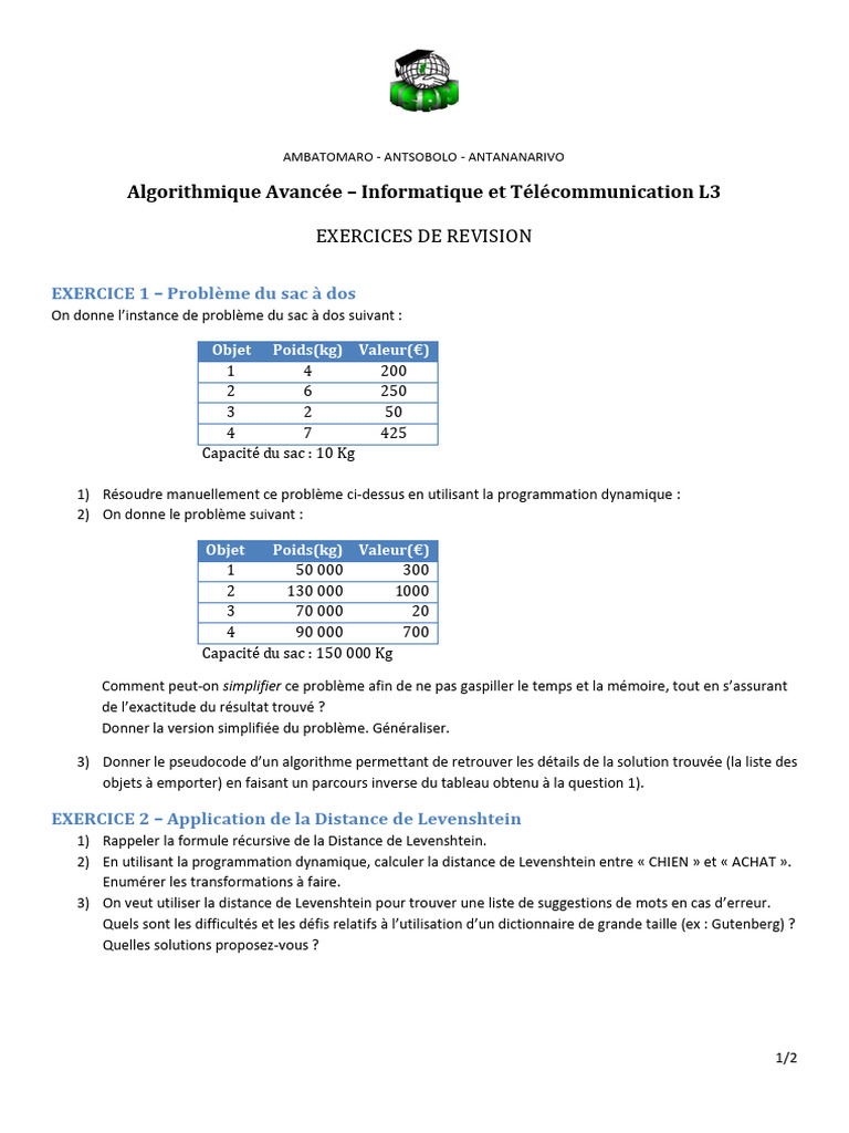 Exercices d'Algorithmique Avancée | PDF | Programmation dynamique ...