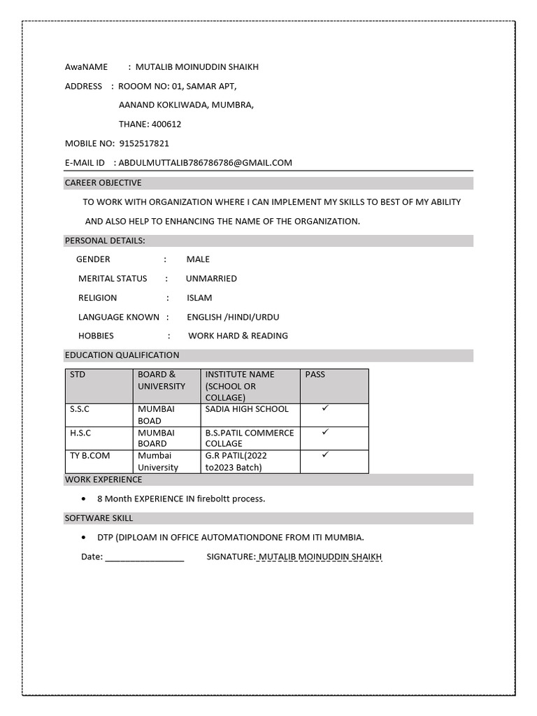 Resume of Mutalib Moinuddin Shaikh | PDF