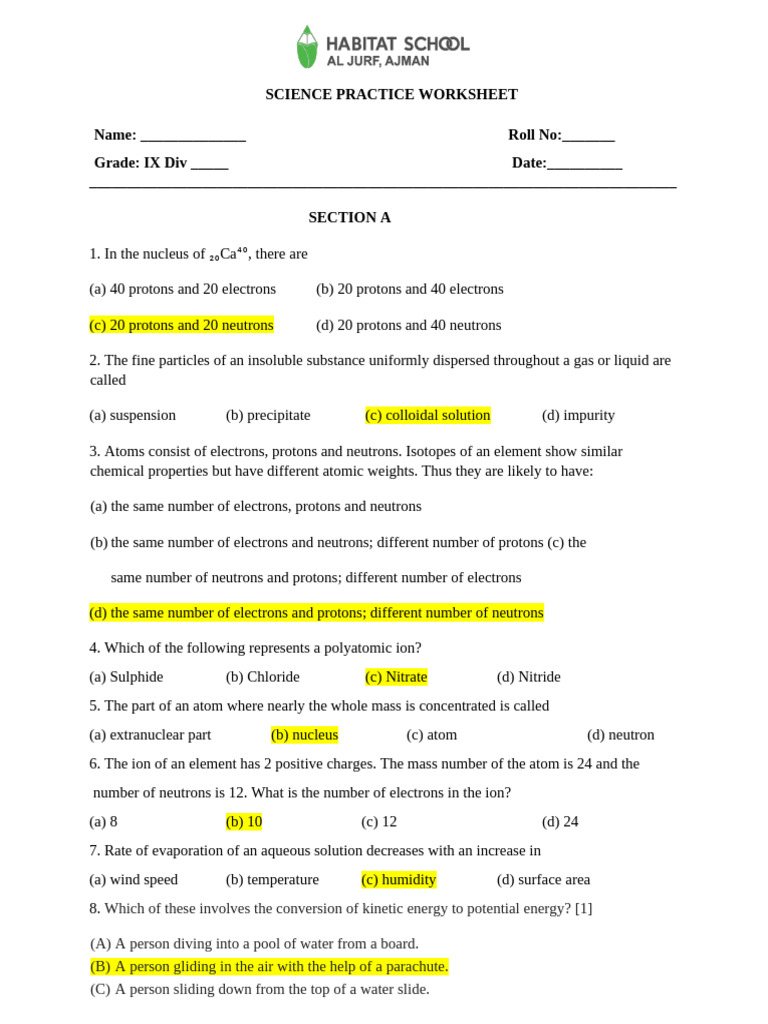 Gr9-Science Practice Worksheet | PDF | Proton | Neutron