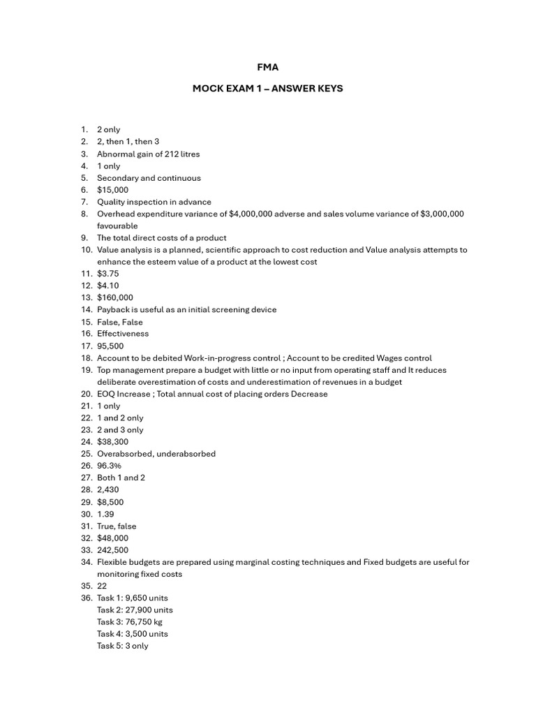 FMA Mock Exam 1 Answer Keys | PDF