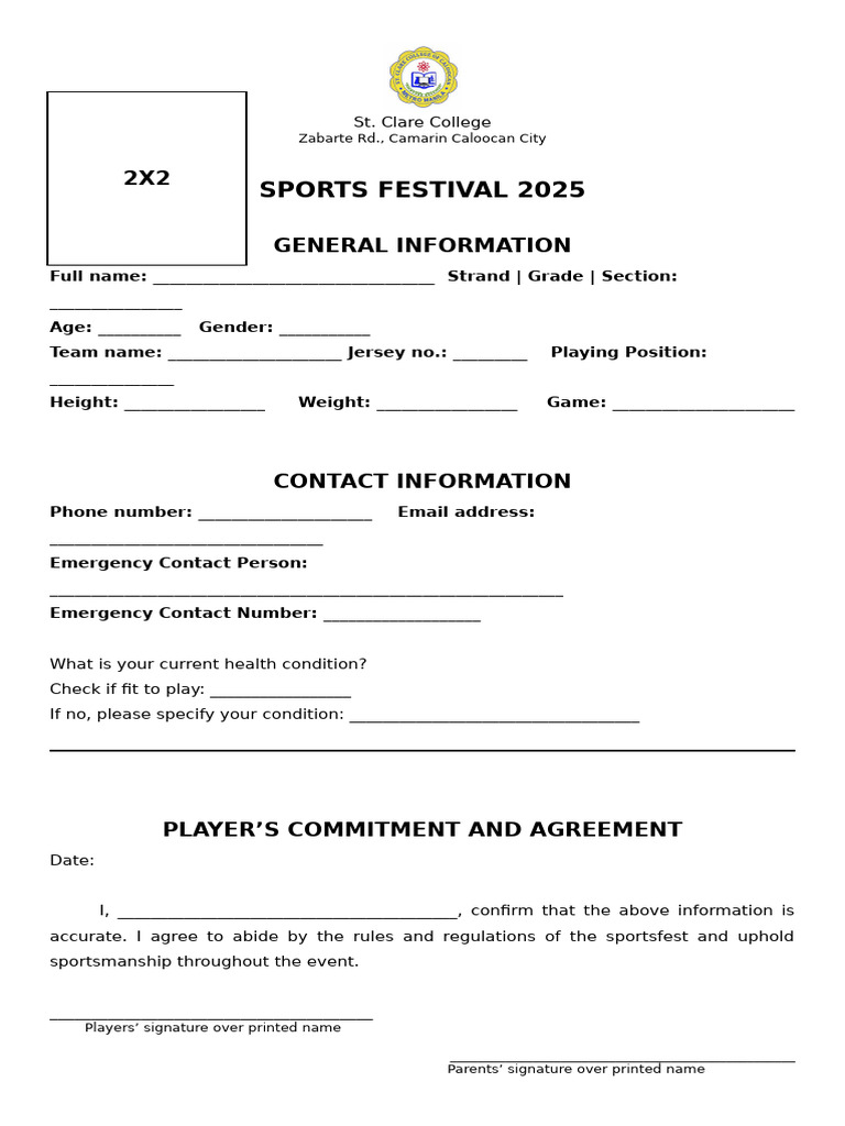 St. Clare College Sports Festival 2025 Form | PDF