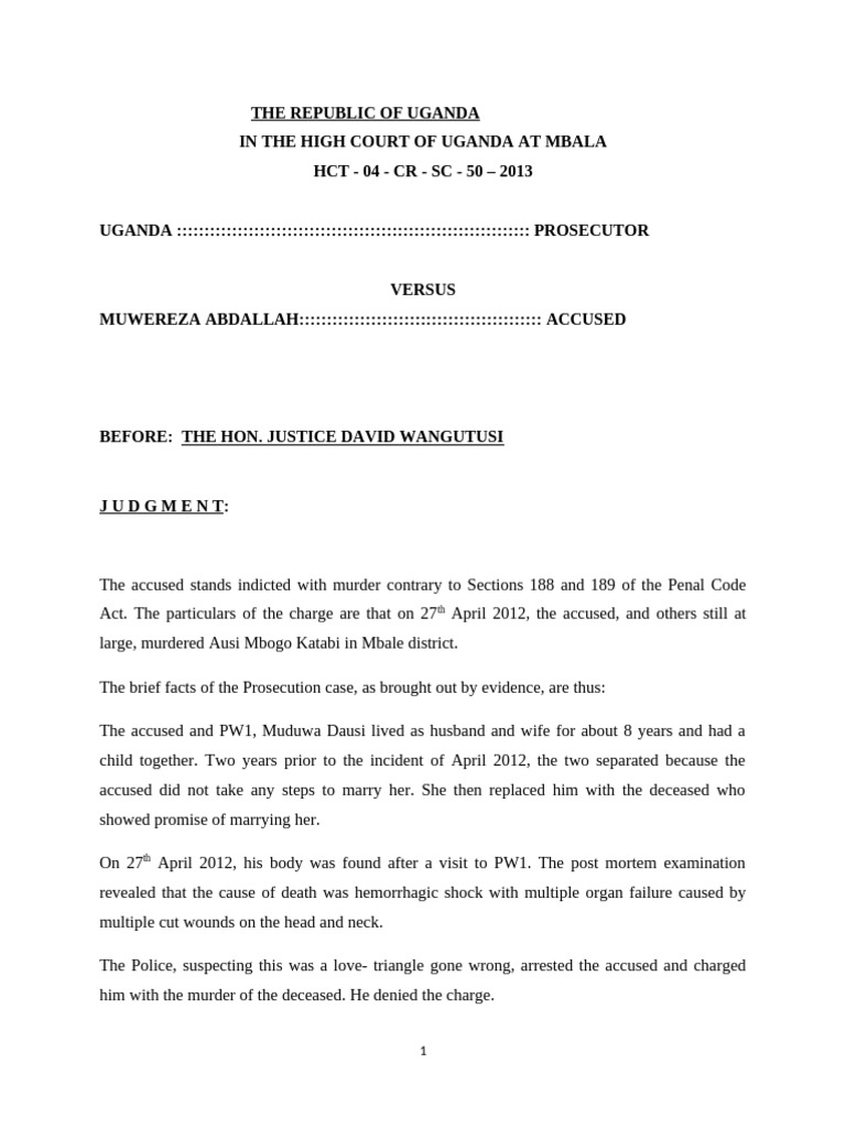 Uganda High Court Murder Case Judgment | PDF | Acquittal ...