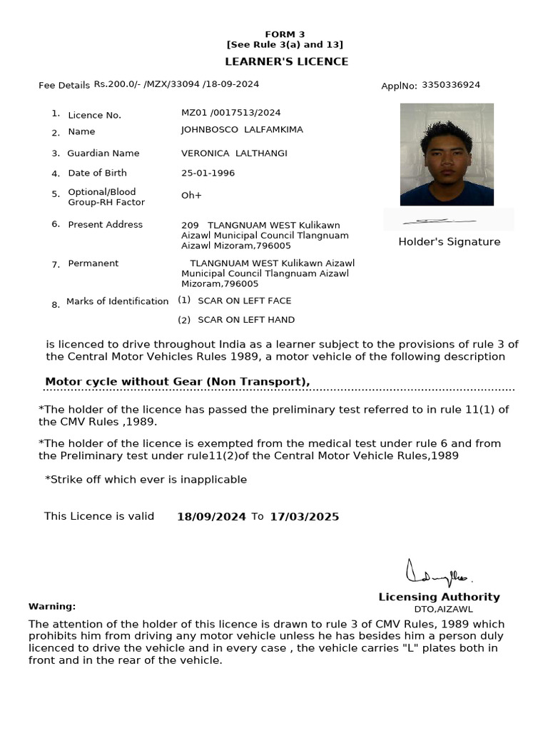 Learner'S Licence: Form 3 (See Rule 3 (A) and 13) | PDF | Road ...