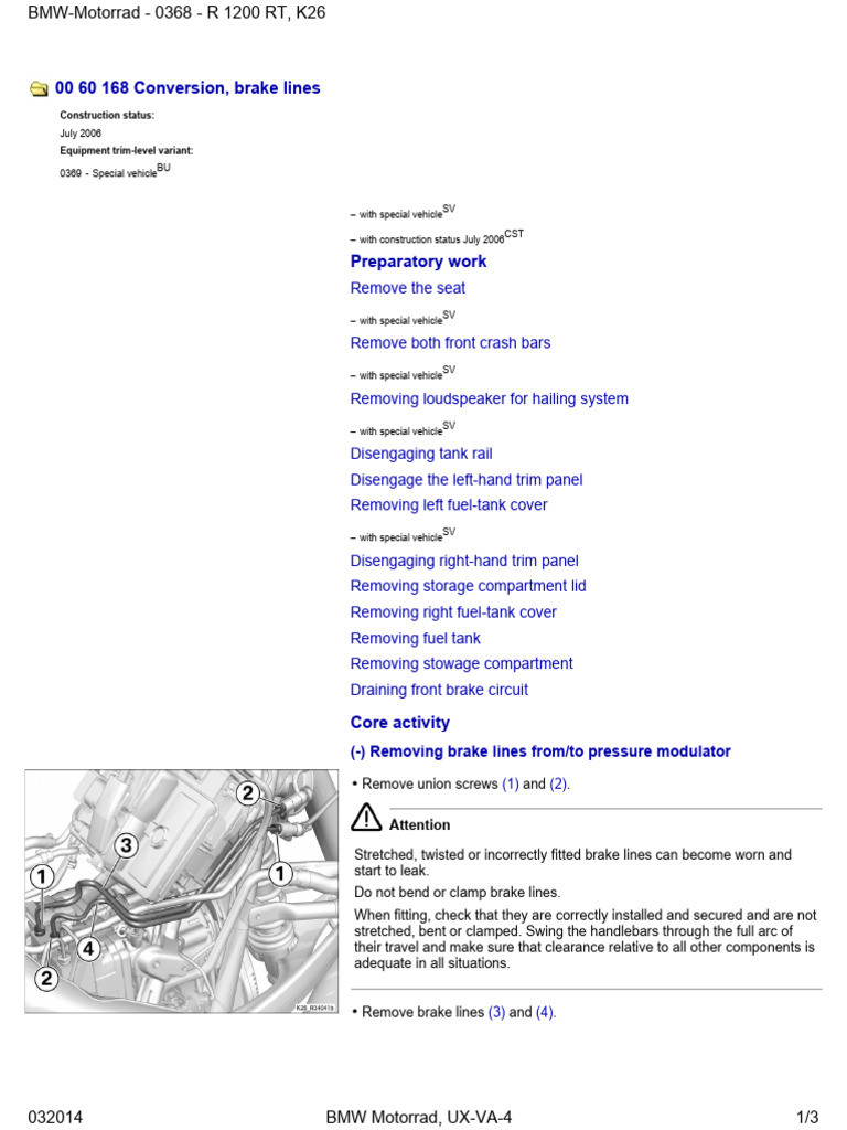 BMW R1200RT Brake Line Replacement Guide | PDF | Screw | Gun Barrel