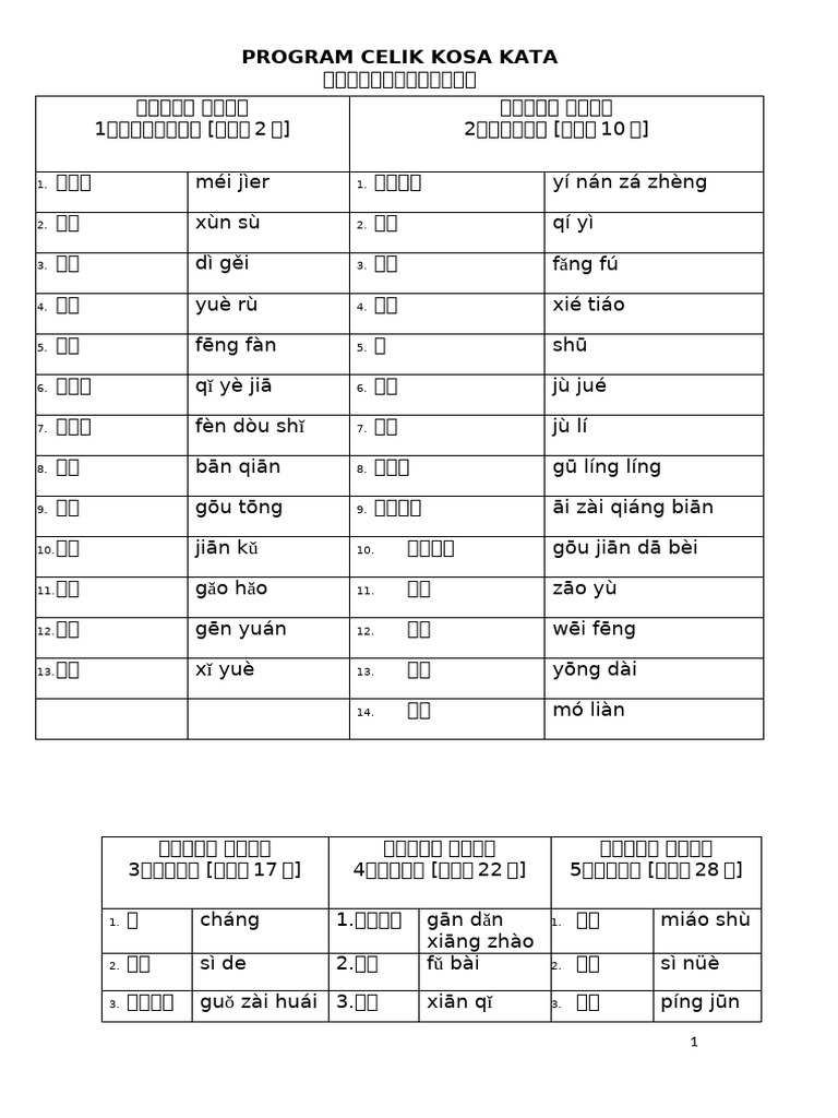四年级华文生词听写表 | PDF
