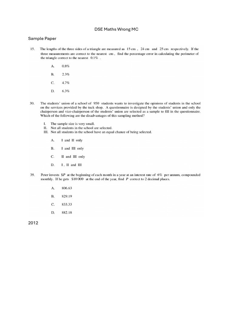 DSE Maths Incorrect MC Questions | PDF