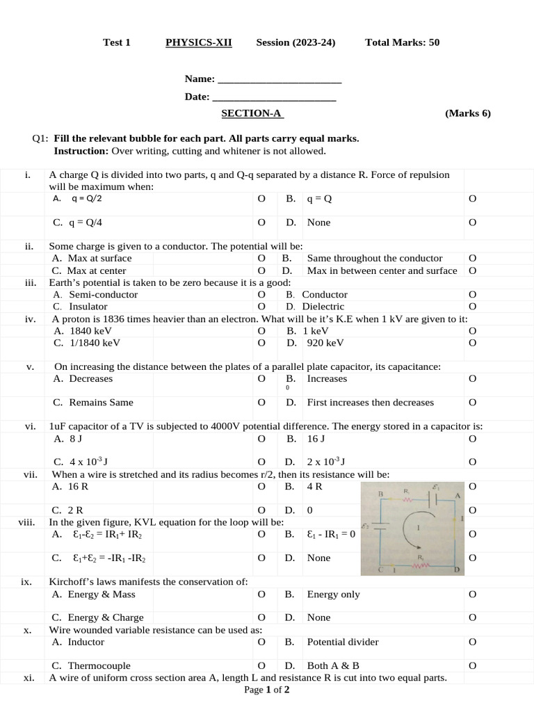 Physics XII Test Paper 2023-24 | PDF | Capacitor | Capacitance