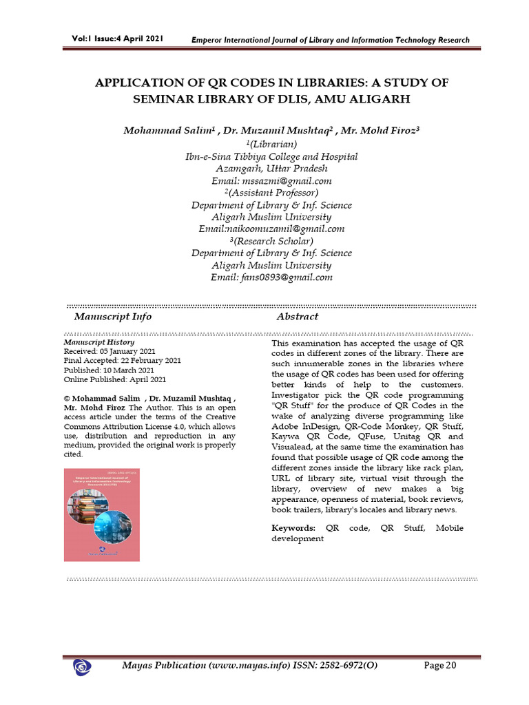 Application of QR Codes in Libraries A Study of Se | PDF | Qr Code ...