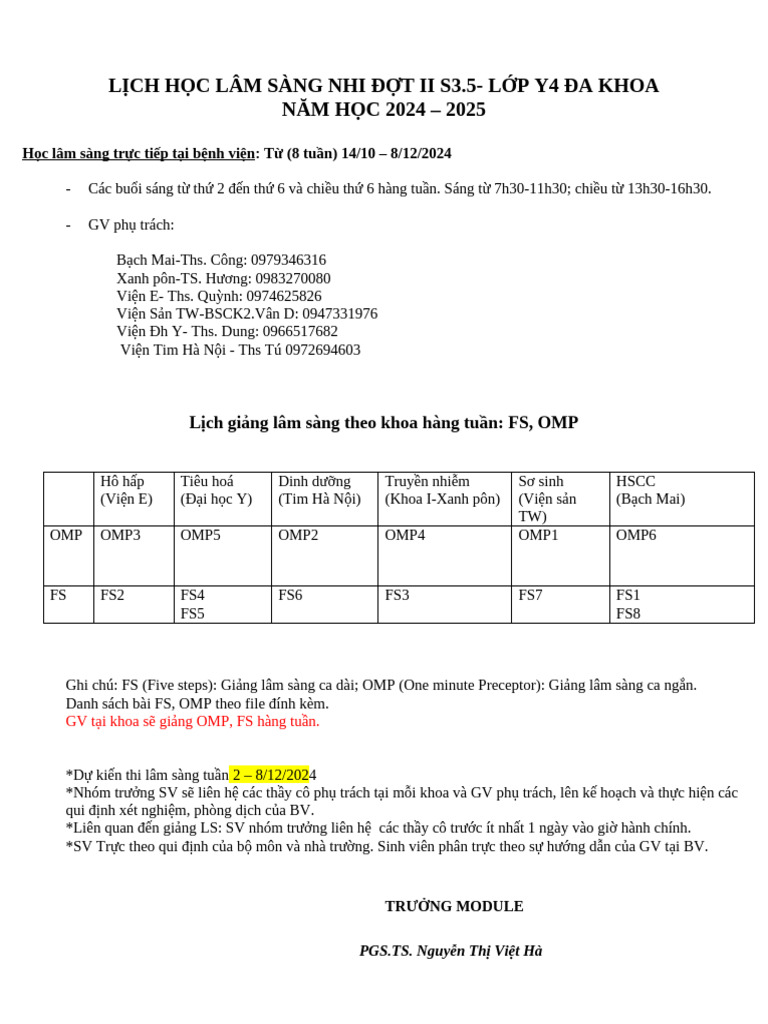 4.Lich học LS Nhi Đợt 2 Y4ĐK 2024 2025 | PDF