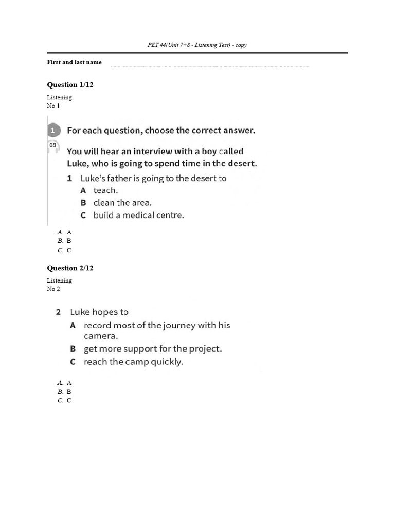 PET 44%28Unit 7%2B8 - Listening Test%29 - copy - questions | PDF