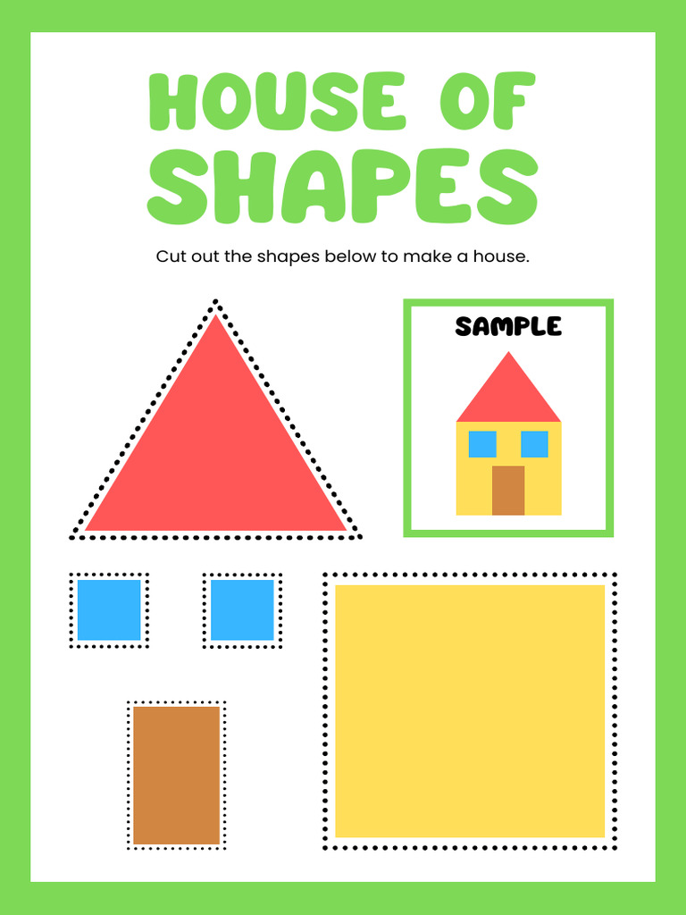 House of Shapes Green White English Cut and Paste Worksheet | PDF