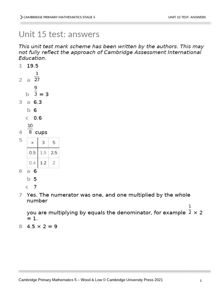 Cambridge Primary Math Stage 5 Unit 15 Answers | PDF
