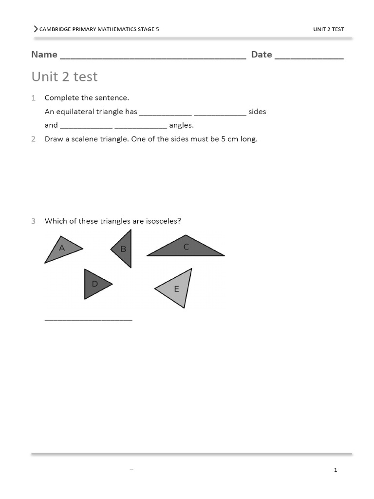 Cambridge Primary Math Stage 5 Unit 2 Test | PDF