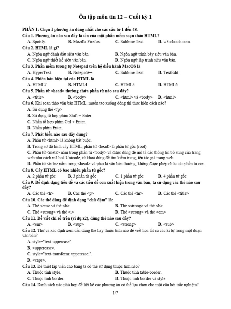 De Cuong On Tap Cuoi Ky 1 Tin 12 | PDF